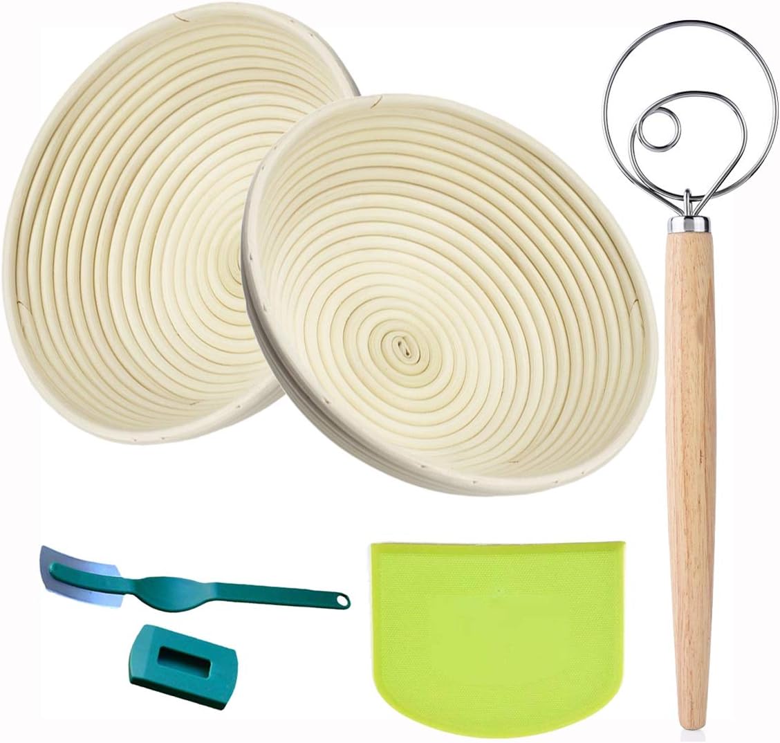 ABeauty Round Proofing Basket Banneton Proofing Basket Proofing Bowl Brotform for Bread Sourdough Dough with Liner + Dough Whisk + Dough Scraper + Lame (10 inches)