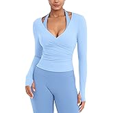 YEOREO Minniy Women Workout Wrap Top Long Sleeve with Thumb Holes V Neck Basic Shirts for Yoga Pilates Going Out Shrug Blouse
