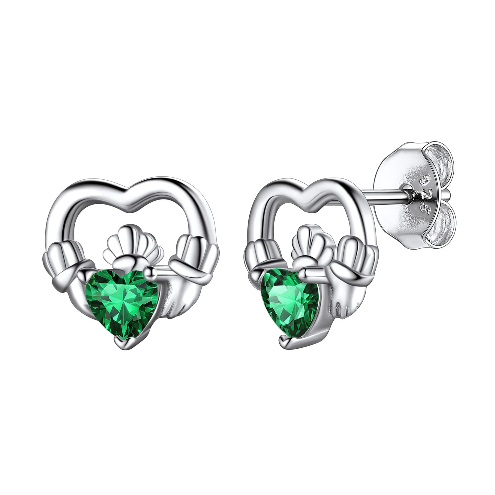 Hypoallergenic 925 Sterling Silver Claddagh Celtic Knot May Birthstone Green Earrings, Birth Stone Jewelry Dainty Cute Stud Heart Shaped Hoop Earrings for Women Teen Girls