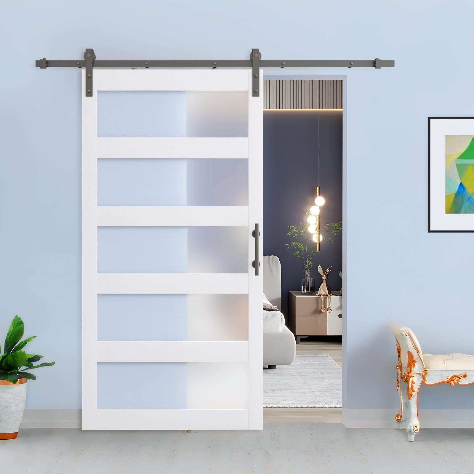 Photo 1 of BARNSMITH 42in x 84in Glass Barn Door with 7FT Sliding Door Hardware Kit Included & Handle & Lock,5-Panel Frosted Glass Barn Door Solid Wood Water-Proof PVC Surface,Pre-Drilled Easy Assembly,White