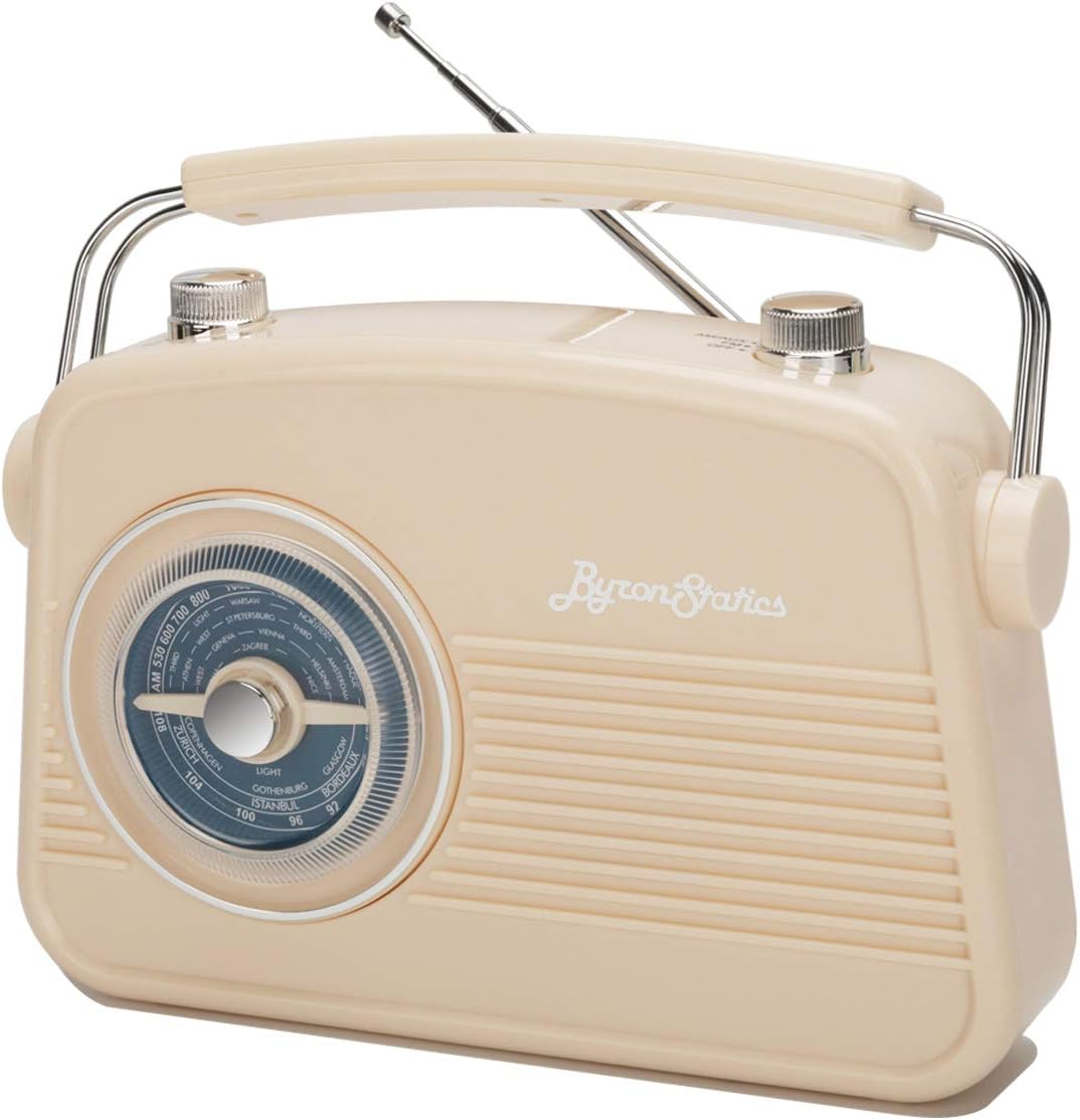 Byron Statics Radio FM AM Portable Radios Vintage Stable Reception Easy Use Dual Power Operation Big Handle Large Knob AC Adaptor Metal Antenna Headset Jack for Home Car Office Good Gift Cream: Electronics