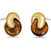 Small Twist Interlock Chunky 18K gold plated Gemstone Natural Stone (Brown, Green, Pink, White) Statement Earrings for Women by SNGIA, Dainty Love Knot Tiger Eye Amber Jade Tourmaline Bold Handmade Exaggerated Dome Retro Rounded Button Half Ball Trendy Bohemian Jewelry Gifts, Unique Baroque Circle Stone Summer Beach Fashion Earrings Accessories, Round Thick Circular Nickle Free Huggies Earrings.