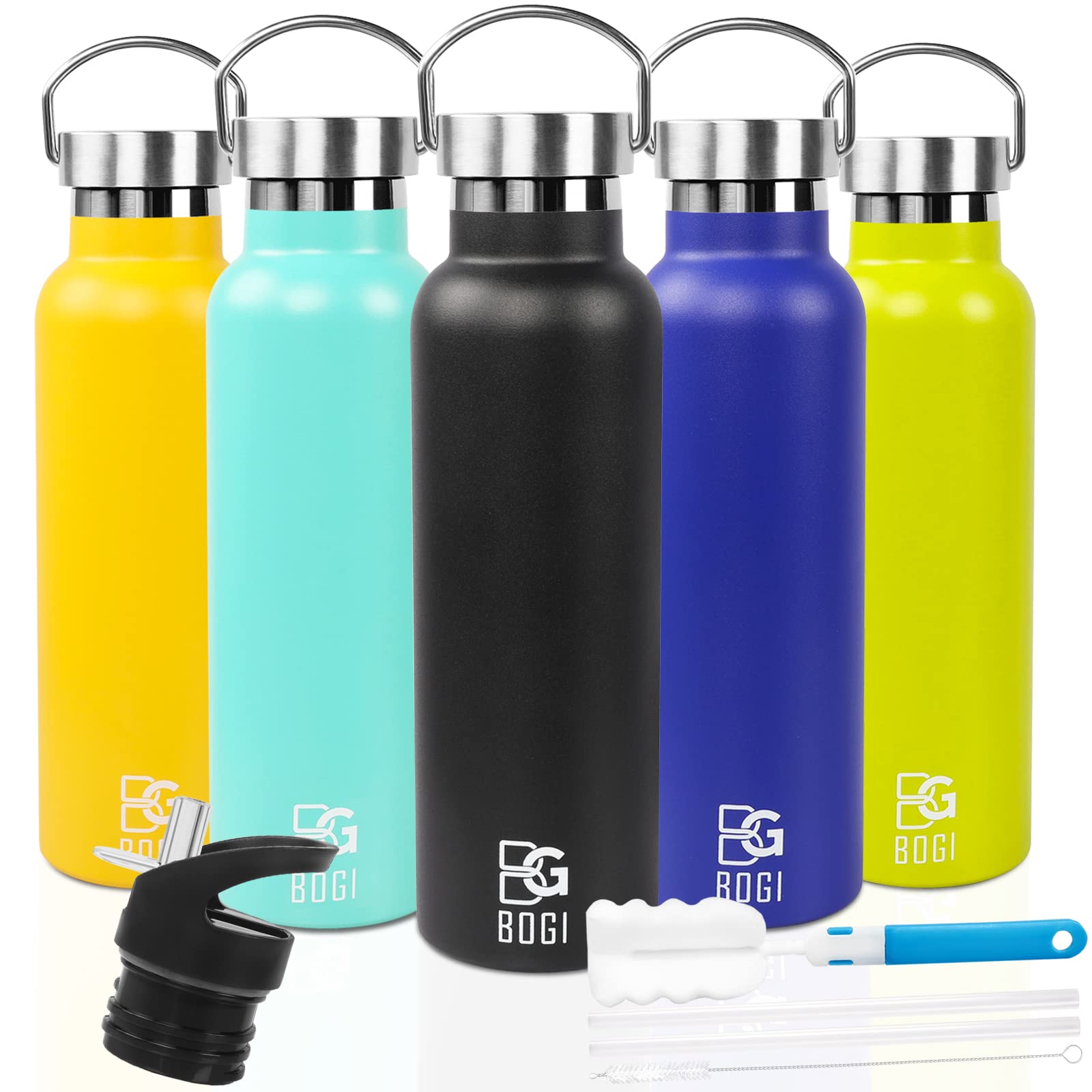 BOGI Insulated Water Bottle with Straw-600ml Stainless Steel, BPA Free Leakproof Reusable Water Bottle with 2 Lids, Sports Gym Bottle for Kids Girls Boys-Black