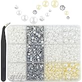 qiipii White 3mm-8mm Flatback Pearls and Rhinestones for Bedazzling Crafting Half Pearls Resin Stones Diamonds Crystal Gems for Nails Face Eyes Makeup Tumblers Bottles Crafts Grad Cap Shoes Scrapbook