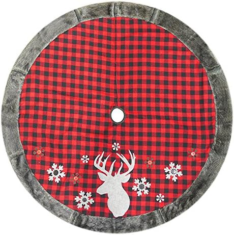 48" Plaid Deer Christmas Tree Skirt with Faux Fur Border & Snowflake Applique