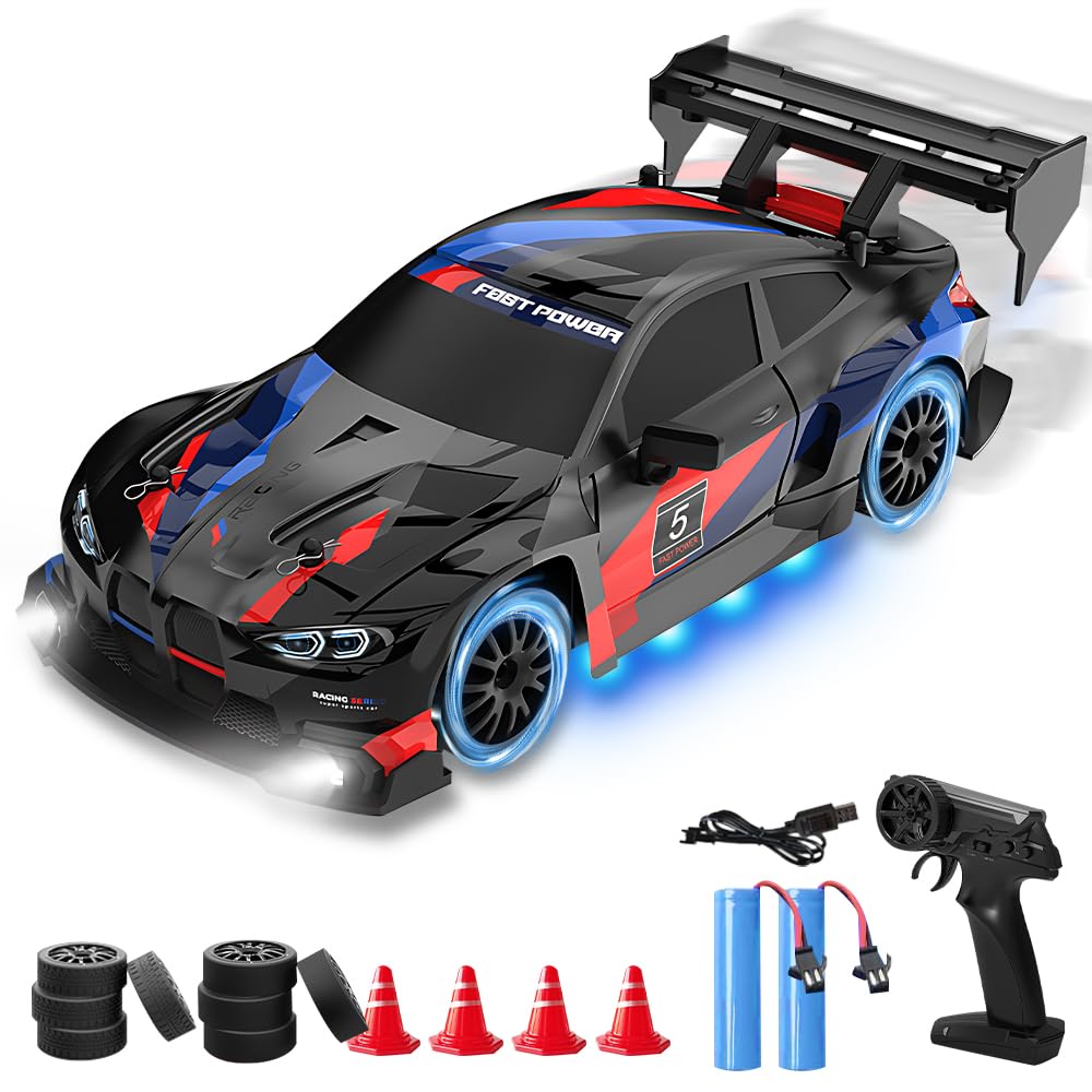 Vmxlso RC Drift Car, 1:24 Remote Control Car, 2.4GHz, 20 KM/h High Speed 4WD, with Cool Lighting, Racing and Drifting Tires, Mini RC Drift car Toy Gifts, for Drifting and Racing, Black