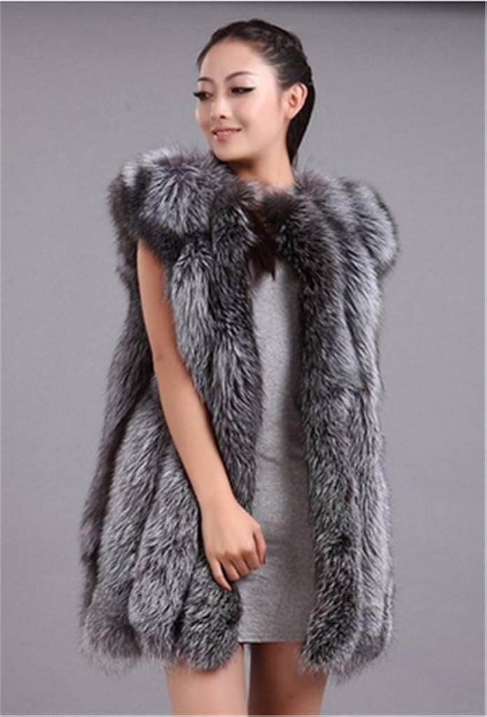 YR Lover Women's Vertical Texture Whole Skin Silver Fox Fur Vest Waistcoat at  Women's Coats Shop
