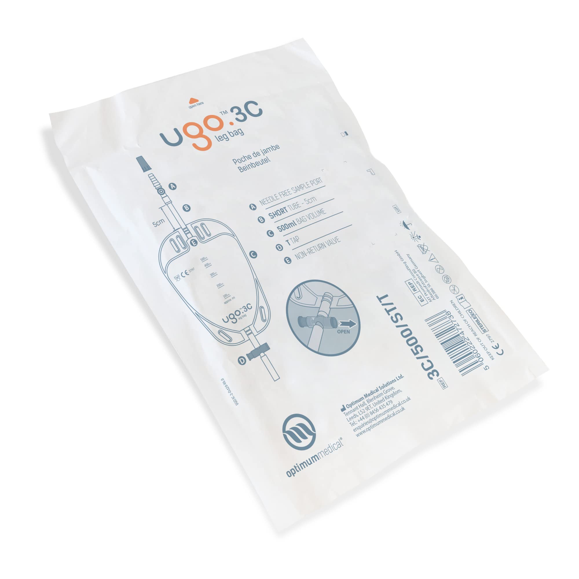 Ugo Leg Bags (x10) – Urine Drainage Bags/Catheter Leg Bags, T Tap or Lever Tap with Soft Fabric Backing and a Natural Leg-Shape Design (Pack of 10) (Ugo 3C - 500ml, Short Tube, T Tap)
