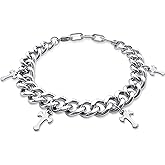 HEALLIFE Silver Creed Cross Bracelet For Men Women, Adjustable Cuban Link Stainless Steel Chain Bracelets with Four Cross Charms, Religious Christian Gift for Boyfriend Dad and Son