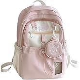 UINSUE Kawaii Backpack Double Shoulder Bag with Cute Star Removable Pouch Small Clear Front Pocket Large Capacity Fits 16" Laptop Dopamine Colors Daypack (Pink)