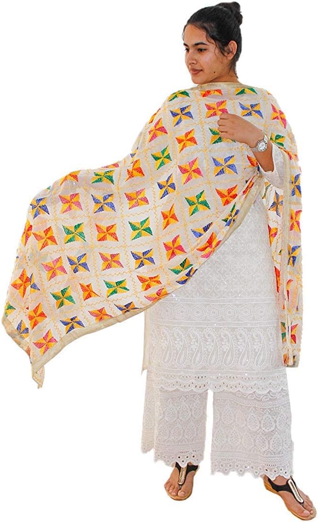 White Phulkari Pankha Dupatta