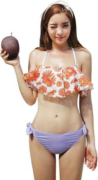 Amazon 在庫処分価格 ディーホリック Dholic パンチングレースフレアビキニ 水着 レディース ビキニ バンドゥ バストアップ 花柄 紫 パープル Bikini Xf E One Size オレンジ ビキニ セパレーツ 通販