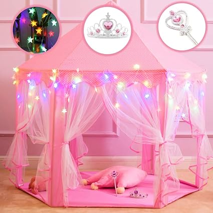 Amazon Com Princess Castle Play Tents For Girls Kids Play Tent With Star Lights Bonus Princess Tiara And Wand Large Size 55 X 53 Pink Hexagon Kids Playhouses Indoor Outdoor Girl Toy