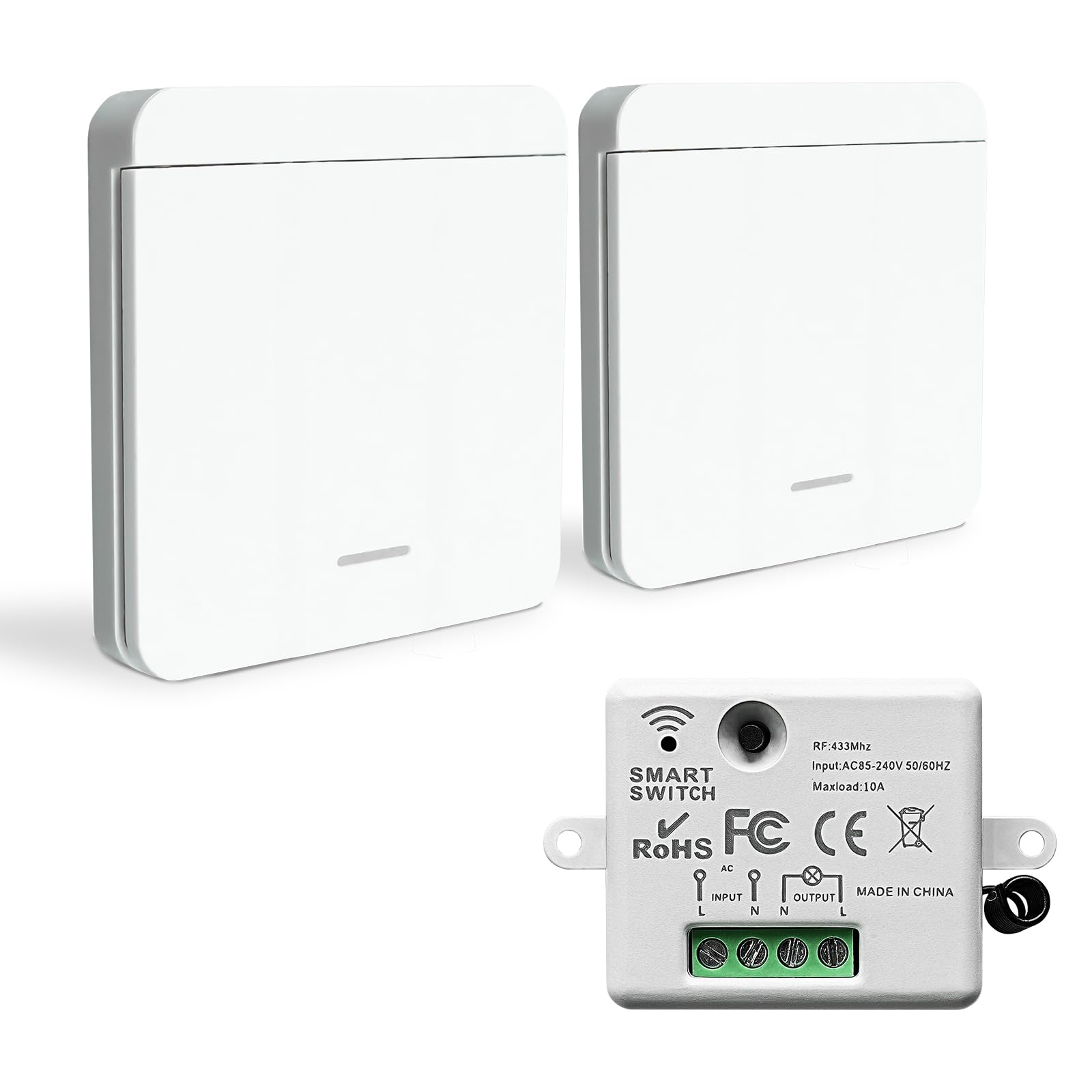Bkiyougo Wireless Switch Kit - 86 Wall Panel RF Safety Switch and 10 Amp Relay Receiver, No Wiring Easy Install, for Lights up to 1500W (1 Receiver and 2 Switches) — image 1