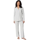 Amazon Essentials Women's Cotton Modal Long-Sleeve Notch Collar Shirt and Full-Length Elastic Waist Pajama Pant Set