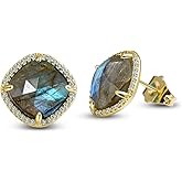 Labradorite Earrings, Gold Tone Prong Setting Natural Stone Handmade Earrings for Women