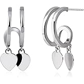Aliyoham Silver Heart Dangle Earrings for Women, Hypoallergenic Sterling Silver Stud, Dainty Fun Lightweight Huggie Hoop Double Heart Shape Earrings for Women