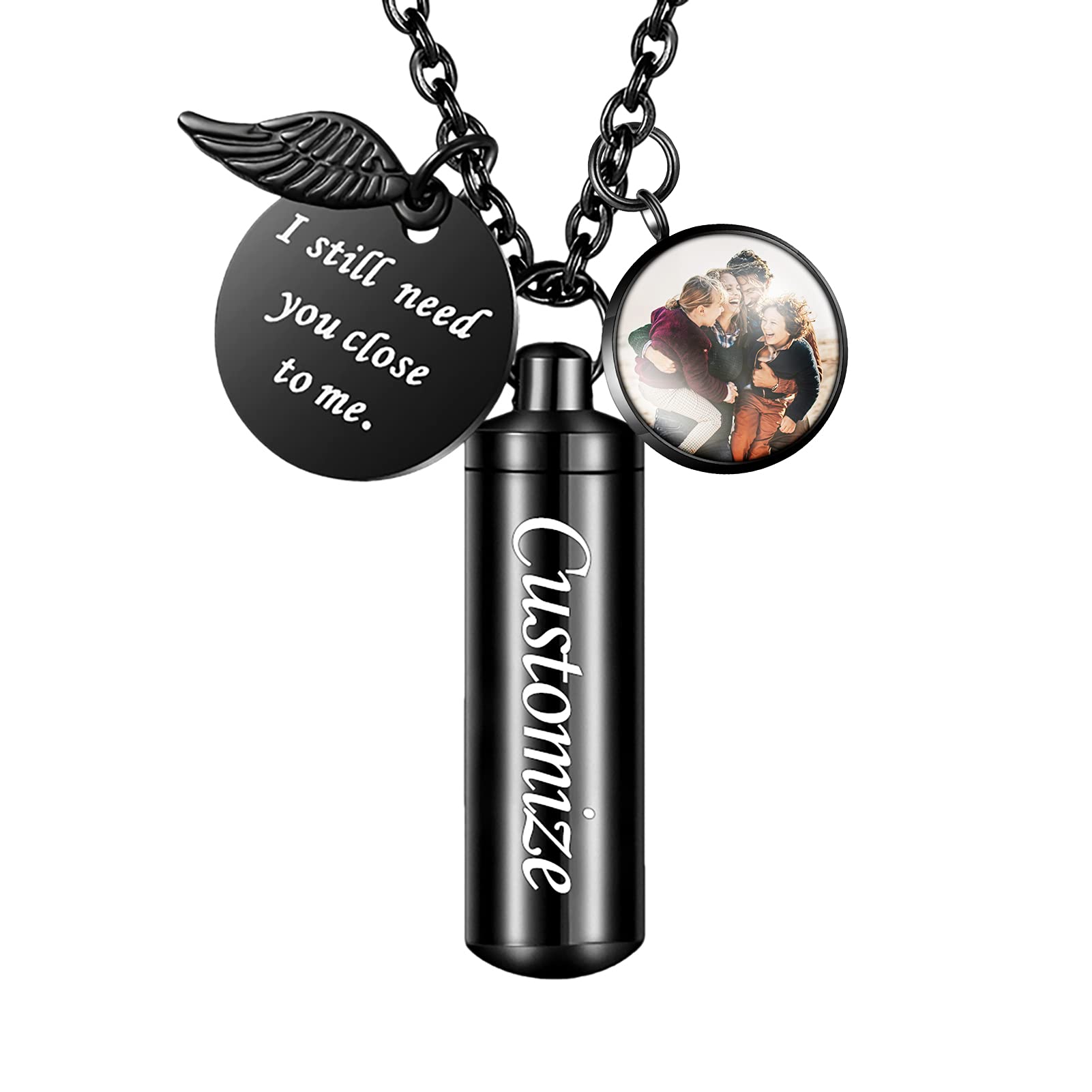 Cylinder Urn Necklace For Ashes - Stainless Steel Cremation Jewelry With Angel Wing, Keychain & Chain