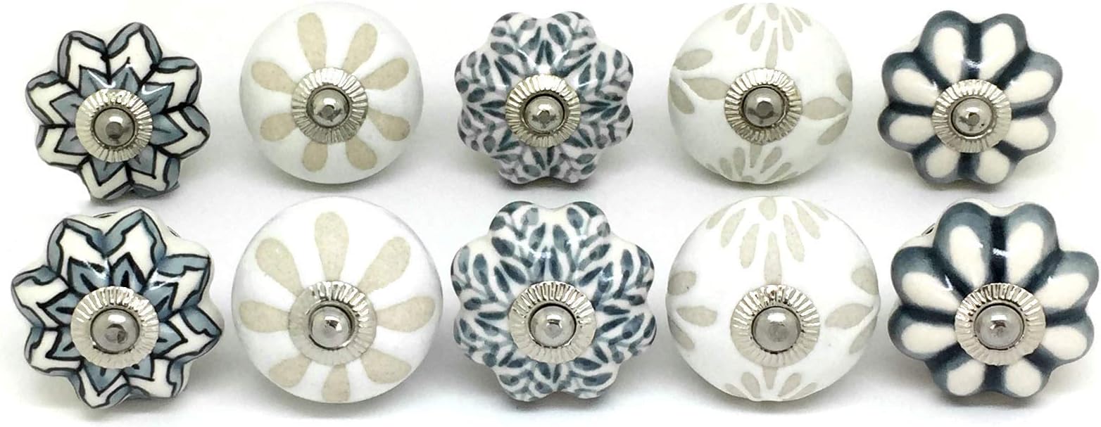 Set of 10 White Cream and Grey Ceramic Knobs FP48