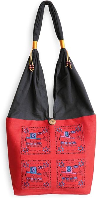 Amazon ショルダーバッグ ゾウ柄布使い ハンドメイド 肩掛けバッグ サイズ 収納 通勤 通学 旅行 レジャー 多用途バッグ 赤 肩掛け ショルダーバッグ アジアンスタイル ショルダーバッグ
