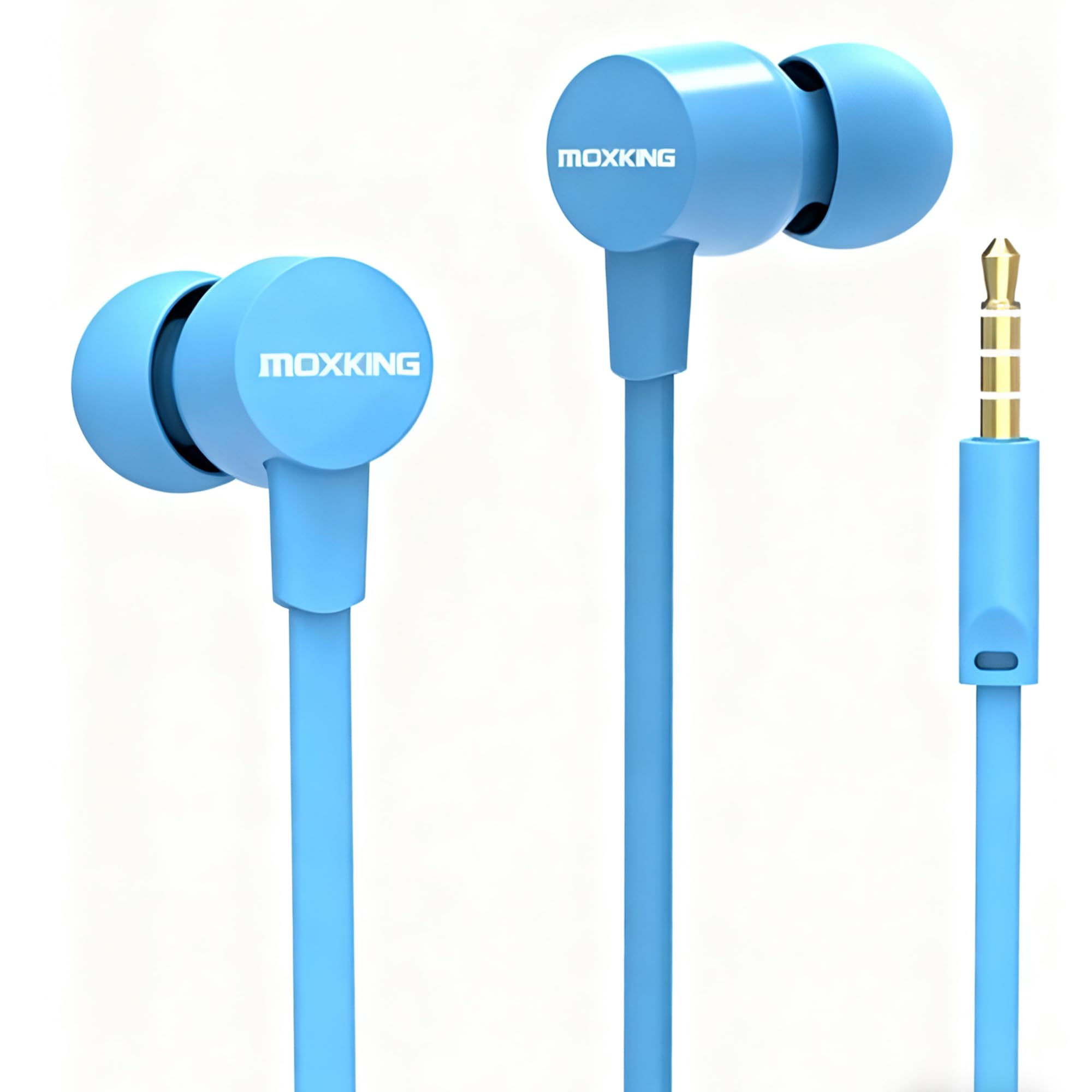 MOXKING Wired Tangle Free Earphones With for kids women small ears, Comfortable and Lightweight Flat Cable Ear bud with Microphone and Volume Control for Cell Phone Laptop (Blue)
