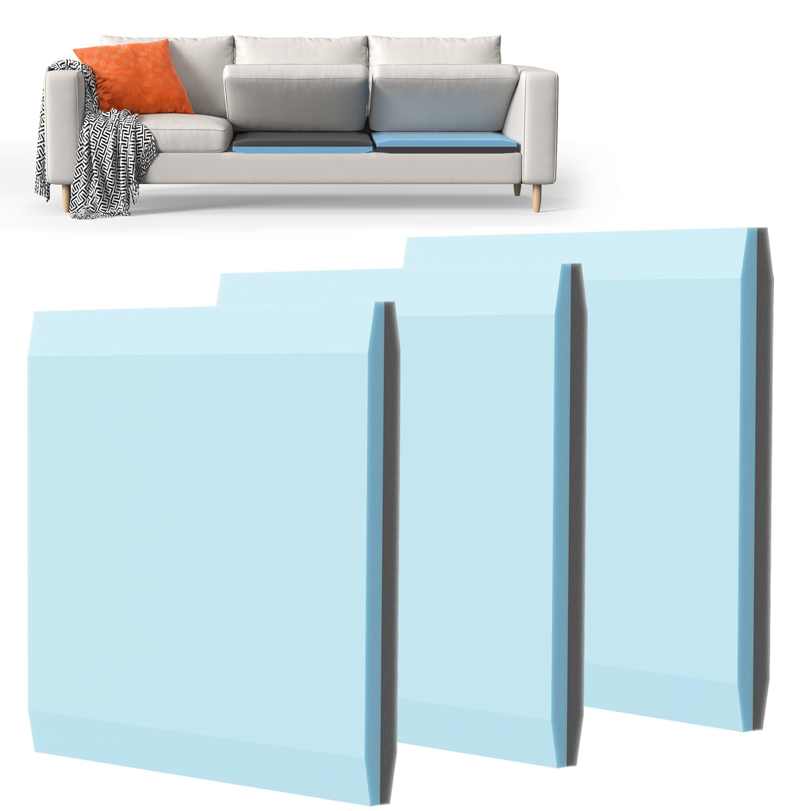 Photo 1 of **DIRT FROM TRANSPORT **Sellmazon Couch Cushion Support for Sagging Cushions 20''x20'', Two in One Sofa Cushion Support to Repair Sagging Seats, Lift Saggy Seats, Extend Couch's Life, Blue & Grey 3PCS