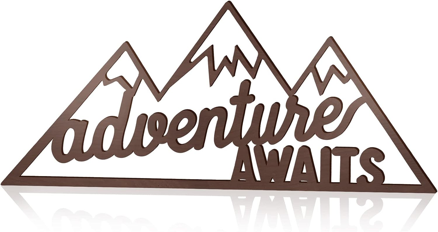Jetec Adventure Awaits Sign Rustic Adventure Sign Wall Decor Farmhouse Wooden Awaits Decoration Hollow-Out Wood Decor for Child Kid's Room Home, 16 x 7 x 0.2 Inch