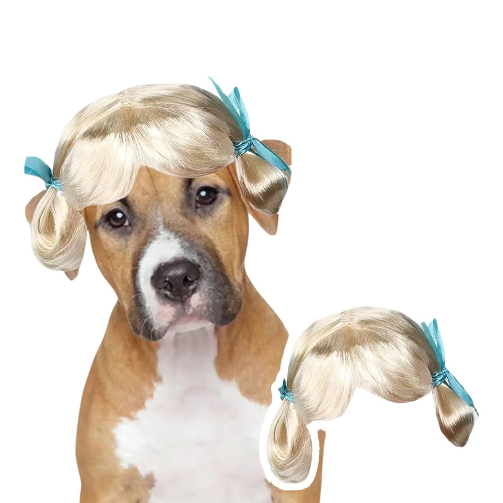 Photo 1 of MENGYUEXUAN Pet Wig for Dogs and Cats, Realistic Adjustable Costume Wig with Simulated Hair for Small Medium Large Pets, Halloween Cosplay Party Photo Shoot Fun Accessory (Beige)
