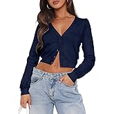Ezbelle Cardigan Sweater Women's V Neck Tops Knit Crop Button Shirt Puff Sleeve Open Front Summer Sweaters