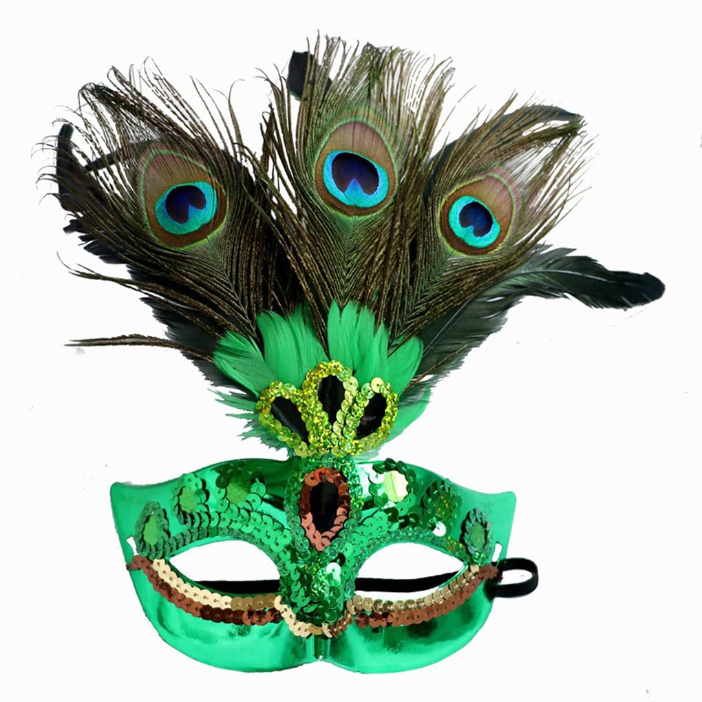 OhMill Halloween Peacock Masquerade Women Halloween Party Fancy Dress Semi Eye Mask With Feather Decoration Halloween Cosplay Ball Role Play Costume, Green