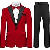 Lamgool Boys Velvet Suit Slim Fit 4 Piece Tuxedo Set with Blazer Jacket Dress Shirt Pant Bow Tie Kids Wedding Formal Outfit