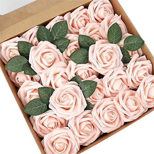 YanShao Artificial Flowers Blush Roses 25pcs Realistic Fake Roses with Stem for DIY Wedding Bouquets Centerpieces Arrangements Party Baby Shower Home Decorations (Blush, 25pcs Standard (2-3/4"))