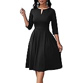 Nmoder Midi Dresses for Women - Semi Formal Fit and Flare 3/4 Sleeve V Neck A-Line Cocktail Church Work Dress with Pockets