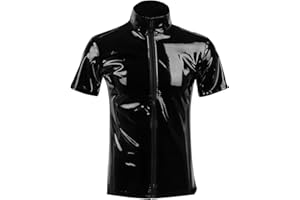 SEAUR Men's Shiny Patent Leather Jacket Casual Slim Fit Leather Muscle Tank Top T-Shirts Nightclub Party Clubwear