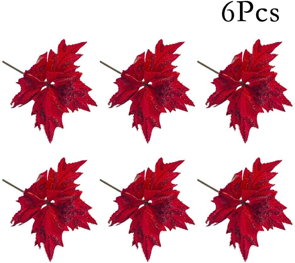 JYCRA Glitter Christmas Flower,6Pcs Glitter Poinsettia Christmas Tree Ornaments Artificial Flower Wedding Party Decoration (Red)