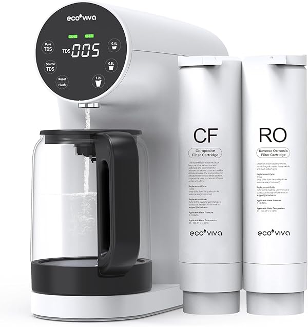 Ecoviva Auftisch Osmoseanlage, Trinkwasser Umkehrosmoseanlage mit 5-stufige Filtration, Echtzeit-TDS-Monitor, 3:1 Rein zu Abfluss, Mobil Umkehrosmose Wasserfilter Null-Installation WP-RO-200G Weiß