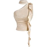 Floerns Women's Cut Out Mock Neck Tank Top Sleeveless Ruffle Ruched Shiny Going Out Tops