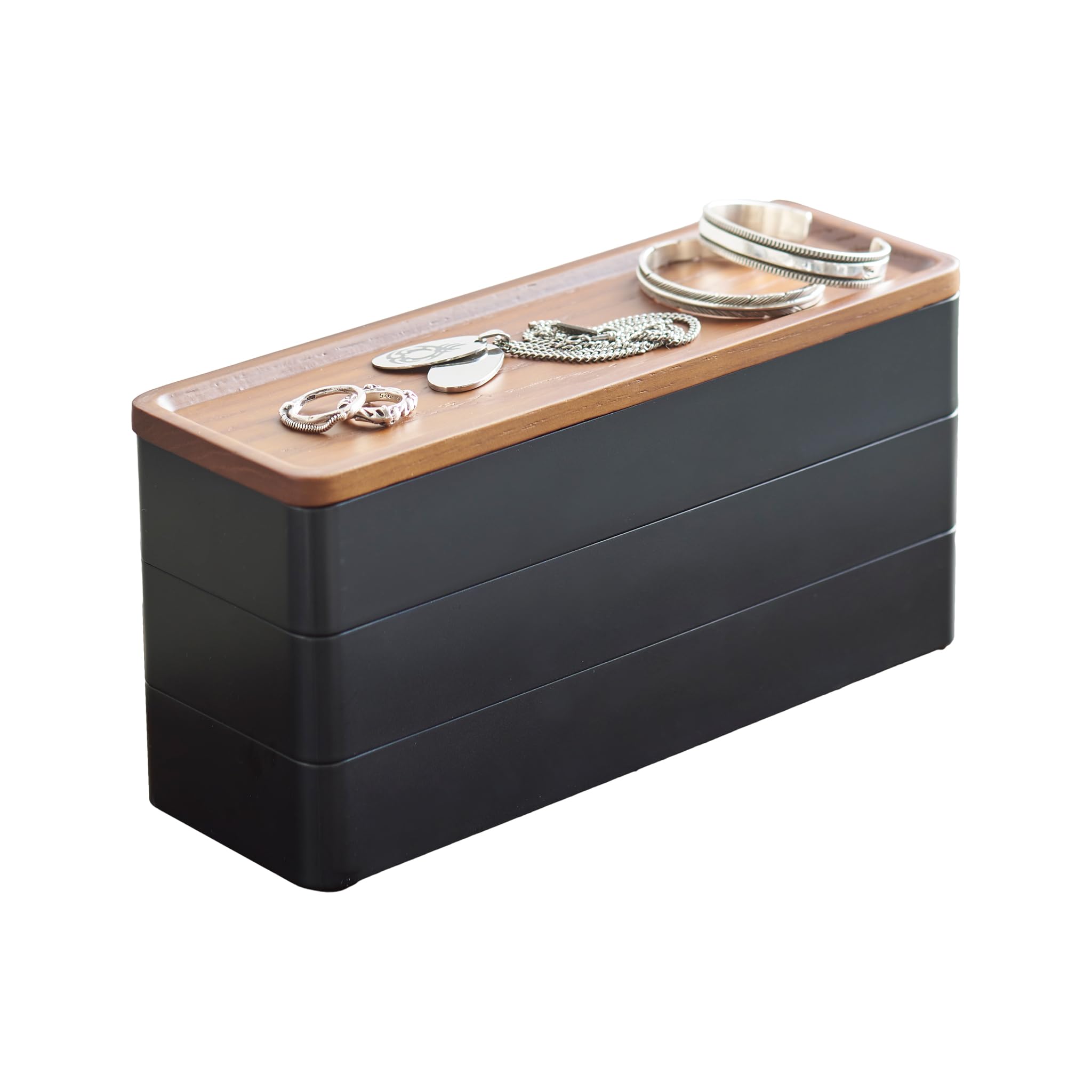 YAMAZAKI 5810 RIN 3-Tiered Slim Accessory Case With Lid, black, ABS Resin/Wood, Minimalist, 24 x 8 x 11.5 cm
