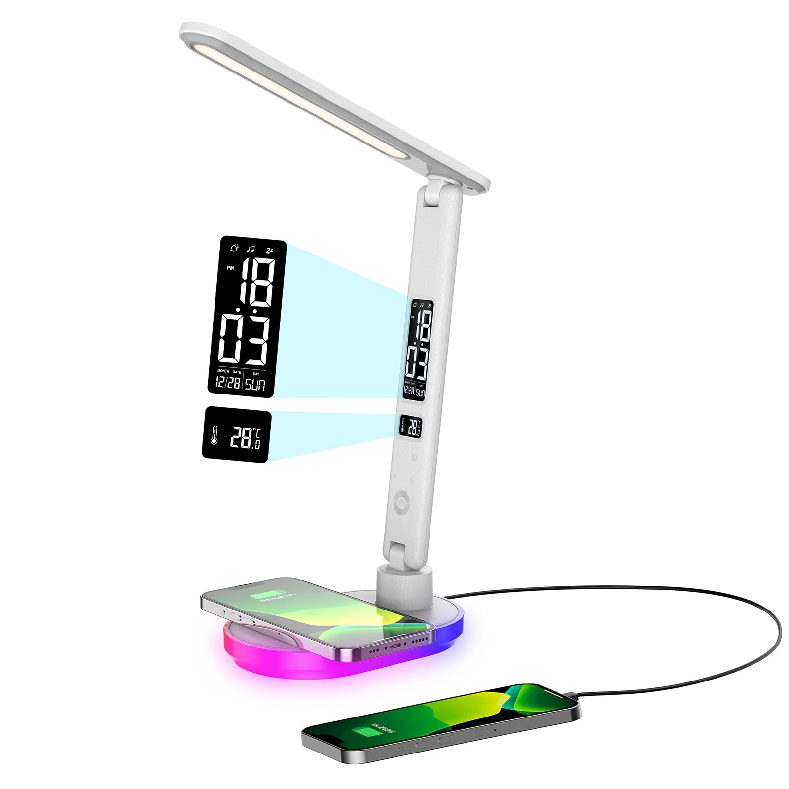 Photo 1 of (in black) Morwealth LED Desk Lamp with 10W QI Wireless Charging, Flexo Table Lamp with 3 Colors and 5 Brightness Levels with Charging Function,USB,Clock,Temperature,LCD,Date,Touch Control. (White)