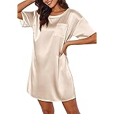 Ekouaer Silk Sleep Shirts for Women Satin Nightshirt Tshirt Nightgown Sleepwear Shirt Dress With Chest Pocket S-2XL