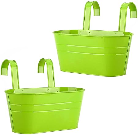 Ezzu Crafts Set of 2 Rail Planter, Balcony Planters Railing Hanging Flower Pots with Detachable Hook, Iron Fence Bucket Outdoor Flower Pot for Patio Fence Deck Balcony Garden Color Green