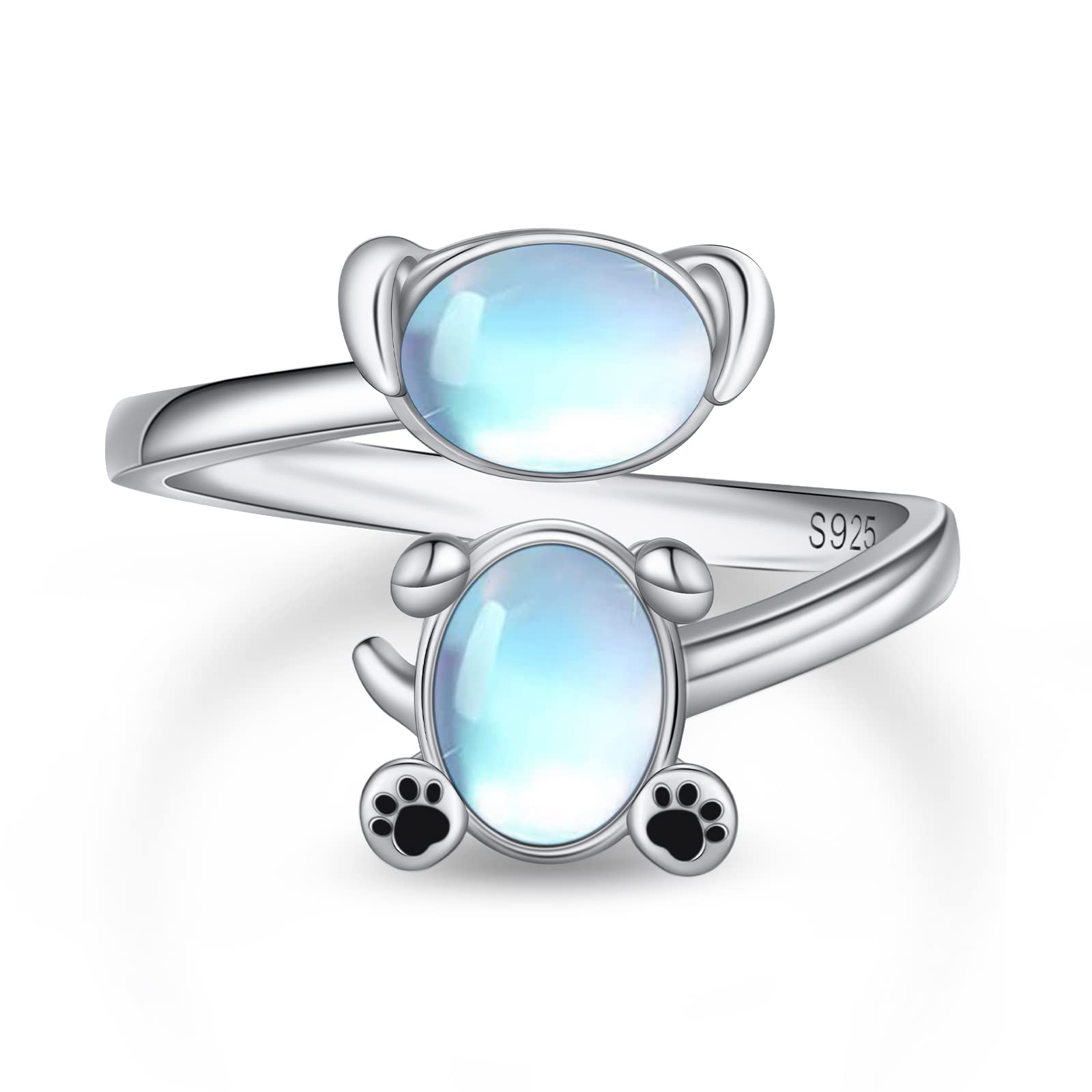StoryMidir Dog Ring 925 Sterling Silver Adjustable Open Ring Synthetic Moonstone Ring Cute Animal Dog Jewelry Gift for Girls Women