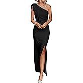 PRETTYGARDEN Women's Summer One Shoulder Long Formal Dresses Sleeveless Ruched Bodycon Wedding Guest Slit Maxi Dress