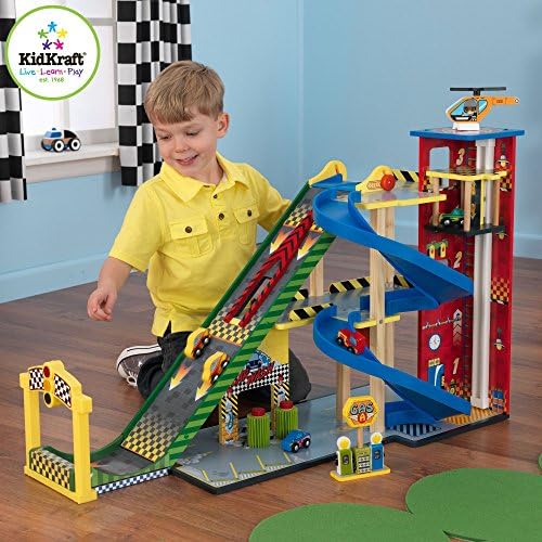 Best Selling New Exciting Kids Toddlers Playhouse Activity Center Toy Garage Gas Station Elevator Car Wash Helicopter Car Racing Ramp- Top Seller Most Popular Children Play Set- Wood Construction