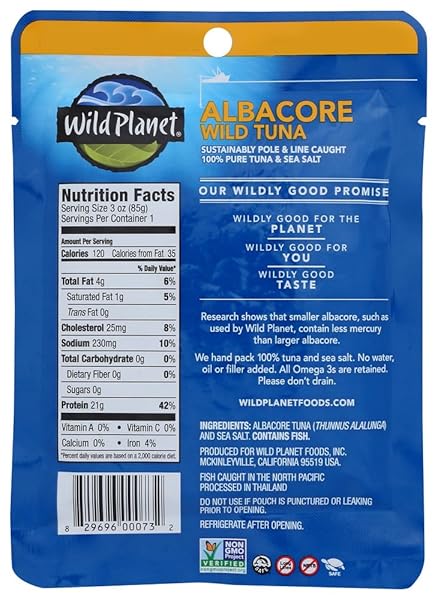 WILD PLANET WILD ALBACORE TUNA, SEA SALT, SUSTAINABLY WILD-CAUGHT, KOSHER, GLUTEN FREE, KETO AND PALEO, 3RD PARTY MERCURY TESTED, 3 OUNCE POUCH (PACK OF 1)