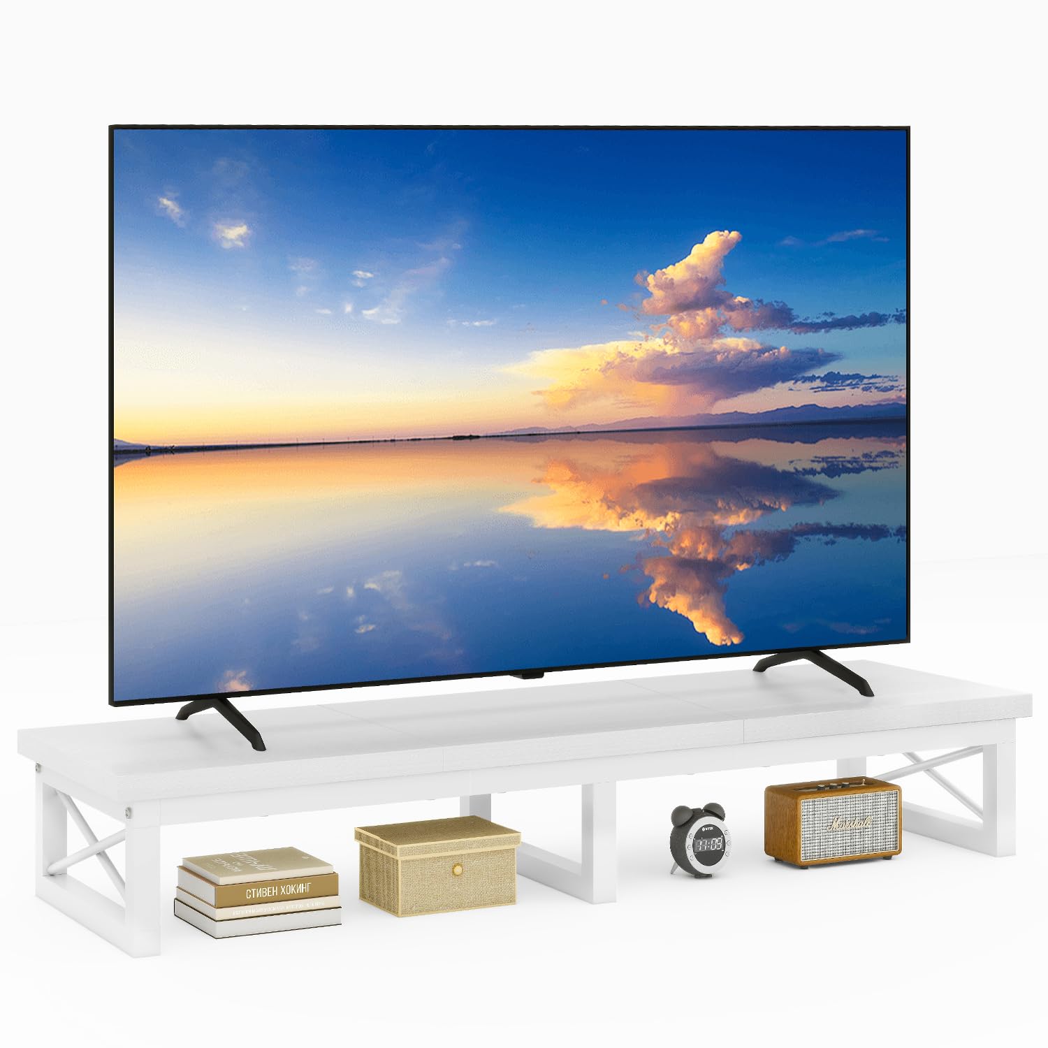 Photo 1 of IBUYKE 45" Large TV Riser for 32-60 inch TV,Tabletop Short TV Stand with Storage and Steel Legs,TV Riser Stand for Home,Bedroom,Living Room,White TVT002W