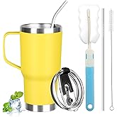 GUDEMAO 20 oz Tumbler with Handle, Stainless Steel Insulated Tumbler with Lid and Straw, Double Wall Vacuum Coffee Mug Tumbler, Insulated Coffee Thermal Cup for Cold and Hot (Yellow, 20 Ounces)