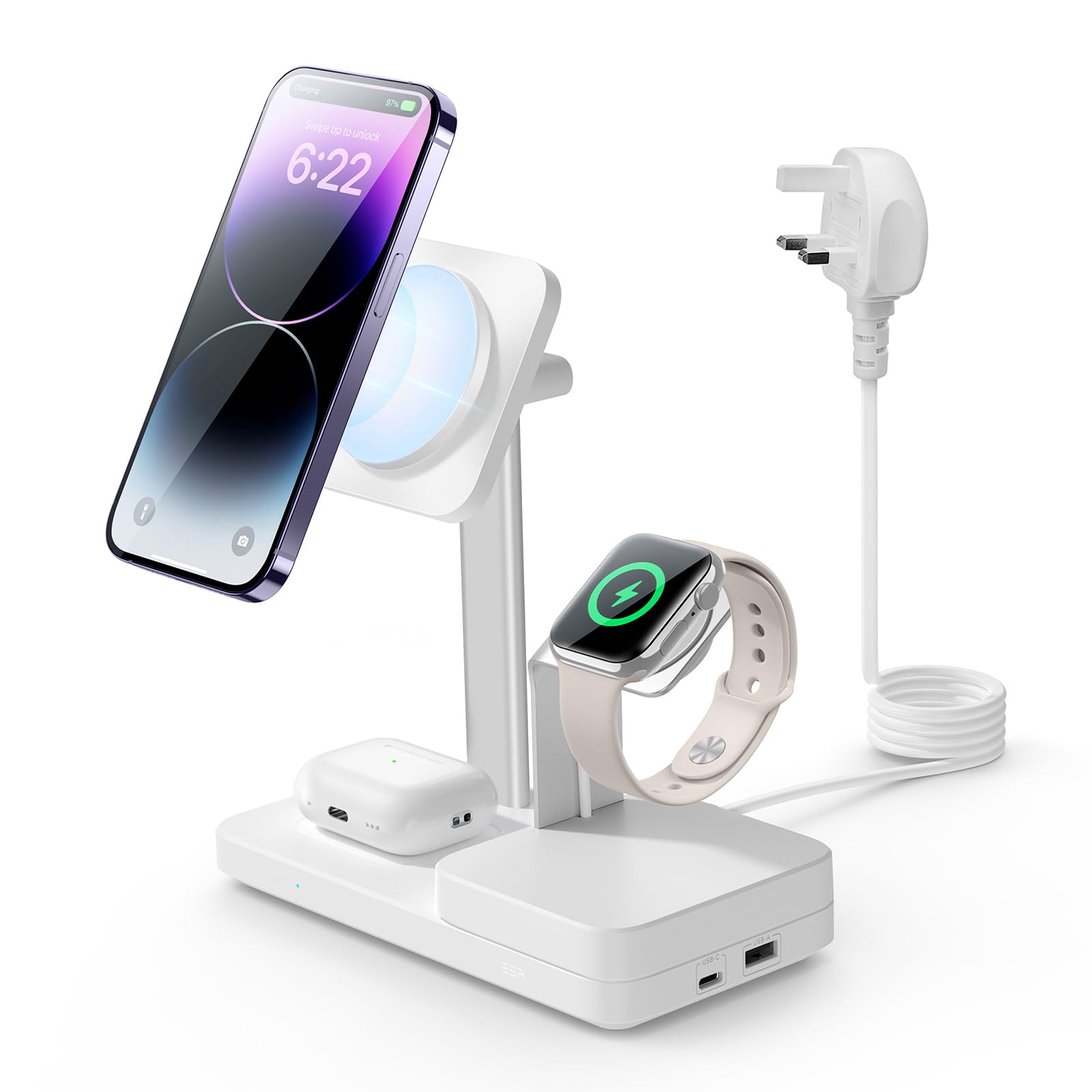 ESR 65W 5-in-1 GaN Charging Station, Designed for MagSafe Charger Stand, Magnetic Wireless Charger for iPhone 17/16/15/14/13/12, AirPods Pro 4/3/2, and USB A/C Devices, White