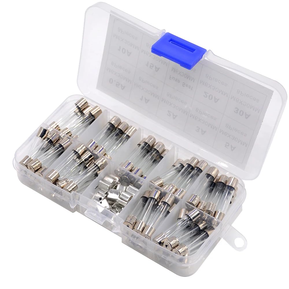 DollaTek 6x30mm Fast-blow Glass Fuses Quick Blow Car Glass Tube Fuses Assorted Kit Amp 0.5A,1A,2A,3A,5A,10A,15A,20A,30A and 10pcs fuse seat - 72pcs