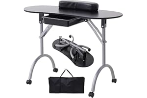 Alohappy Manicure Nail Table, Portable & Foldable Nail Desk Workstation with Large Drawer/Client Wrist Pad/Lockable Rolling Wheels/Carrying Case for Spa Beauty Salon (Black, 27" Height)